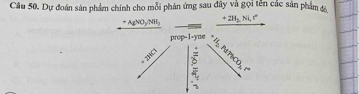 Dự đoán sản phẩm chính cho mỗi phản ứng sau đây và gọi tên các sản phẩm đó
+AgNO_3/NH_3
+2H_2, Ni, t^o
prop-1-yne H₂, Pd/F
+2HCl
CO_3, t^o