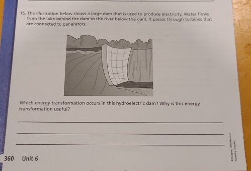 The illustration below shows a large dam that is used to produce electricity. Water flows 
from the lake behind the dam to the river below the dam. It passes through turbines that 
are connected to generators. 
Which energy transformation occurs in this hydroelectric dam? Why is this energy 
transformation useful? 
_ 
_ 
_
360 Unit 6