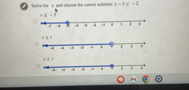 Solve for x and choose the correct solution: x-3≤ -2
x≤ -5