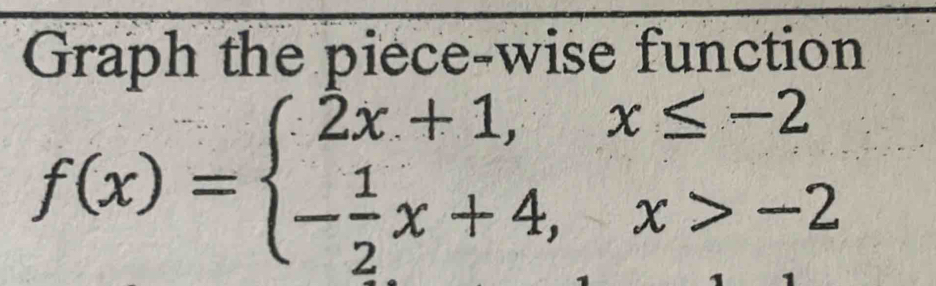 Graph the piece-wise function
f(x)=beginarrayl 2x+1,x≤ -2 - 1/2 x+4,x>-2endarray.