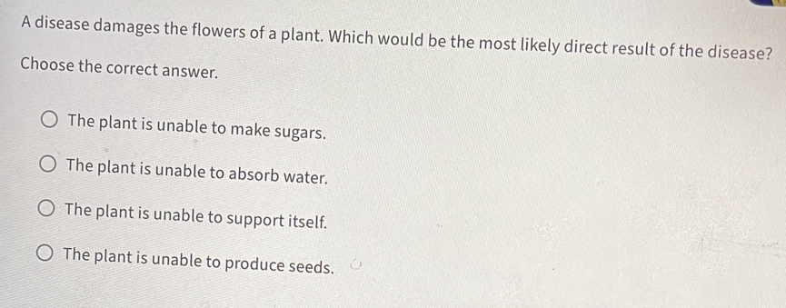 A disease damages the flowers of a plant. Which would be the most likely direct result of the disease?
Choose the correct answer.
The plant is unable to make sugars.
The plant is unable to absorb water.
The plant is unable to support itself.
The plant is unable to produce seeds.