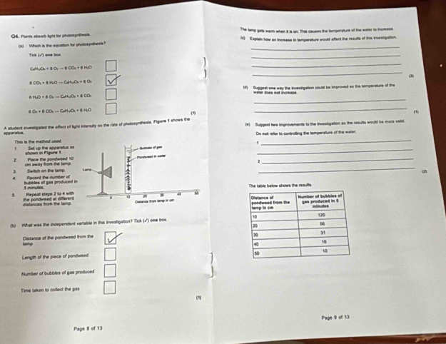 The lamp gets warm when it is on. This causes the temperature of the water to increase 
04. Plants absorb light for photosynthesis () Explain how an increase in temperature would affect the results of this investigation 
_ 
(4) Wihich is the equation for photosynthesis? 
Tick one box 
_ 
_ 
_
H_2O_2+6O_2to 6CO_2+6H_2O
CO_2+8HOto C_2H_2O_4+6O_2
(f) Suggest one way the investigation could be improved so the temperature of the 
_
HO+SO_2to CH_2O_2+6CO_2
C_n+6CO_2to C_2H_5+6H_2+6H_2O (1) _(1) 
epparatus A student investigaded the effect of light intensity on the rate of photosynthesis. Figure 1 shows the (#) Suggest hws improvements to the investigation so the results would be more valid. 
This is the method usedDo not refer to controlling the temperature of the warter 
1 
' Set up the acparstus a 
shown in Figure 1. 
_ 
2. Place the pondweed 10 cm away from the lamp 
_ 
2_ (2) 
3 Switch on the lamp 4 Record the number of 
bubbles of gas produced 5 minutes
The tiable below shows the resufts. 
5 Repeat steps 2 to 4 with the pondweed at different 
distances from the lamp 
(b) What was the independent variable in this investigation? Tick (√) one box. 
lamp Distance of the pondweed from the 
Length of the piece of pondweed 
Number of bubbles of gas produced 
Time taken to collect the gas 
(1) 
Page 9 of 13 
Page 8 of 13