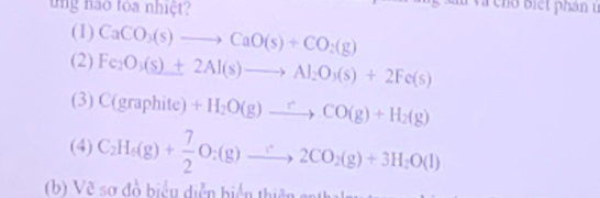 ung não toa nhiệt? 
m và cho biết phân u 
(1) CaCO_3(s)to CaO(s)+CO_2(g)
(2) Fe_2O_3(s)+2Al(s)to Al_2O_3(s)+2Fe(s)
(3) C(graphite)+H_2O(g)xrightarrow rCO(g)+H_2(g)
(4) C_2H_4(g)+ 7/2 O:(g)to 2CO_2(g)+3H_2O(l)
(b) Vẽ sơ đồ biểu diễn biển thiên enthalr