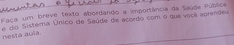 Faça um breve texto abordando a importância da Saúde Pública 
e do Sistema Único de Saúde de acordo com o que você aprendeu 
nesta aula.