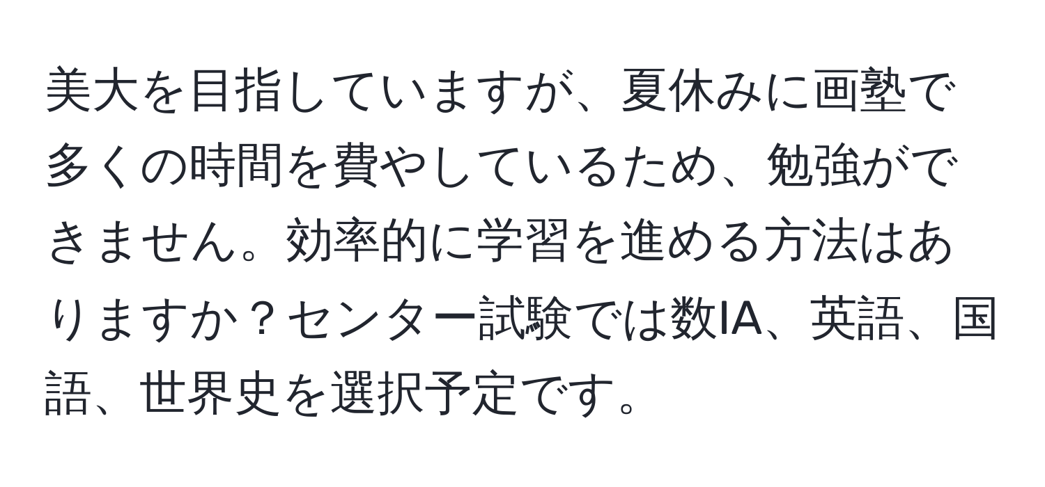 美大を目指していますが、夏休みに画塾で多くの時間を費やしているため、勉強ができません。効率的に学習を進める方法はありますか？センター試験では数IA、英語、国語、世界史を選択予定です。