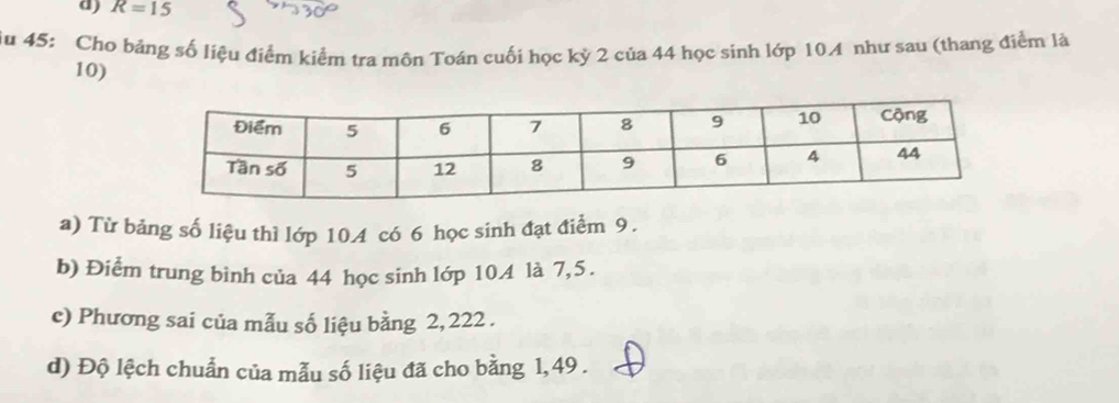 R=15
iu 45: Cho bảng số liệu điểm kiểm tra môn Toán cuối học kỷ 2 của 44 học sinh lớp 104 như sau (thang điểm là
10) 
a) Từ bảng số liệu thì lớp 10.A có 6 học sinh đạt điểm 9. 
b) Điểm trung bình của 44 học sinh lớp 10.4 là 7, 5. 
c) Phương sai của mẫu số liệu bằng 2, 222. 
d) Độ lệch chuẩn của mẫu số liệu đã cho bằng 1,49.