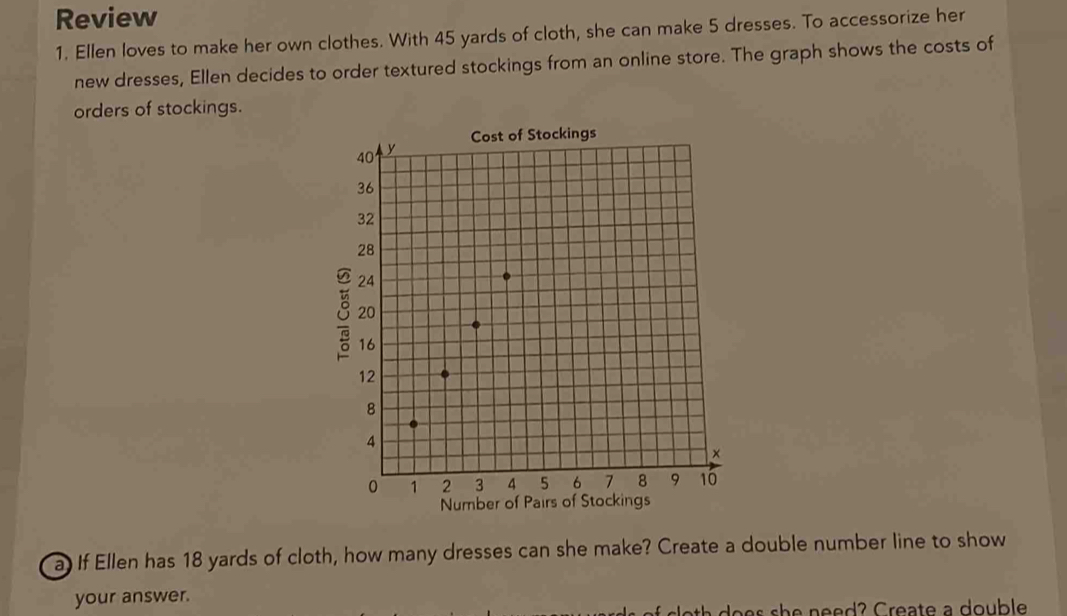 Review 
1. Ellen loves to make her own clothes. With 45 yards of cloth, she can make 5 dresses. To accessorize her 
new dresses, Ellen decides to order textured stockings from an online store. The graph shows the costs of 
orders of stockings. 
a) If Ellen has 18 yards of cloth, how many dresses can she make? Create a double number line to show 
your answer.