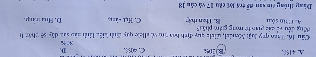 A. 41%. B. 20%. C. 40%. D.
80%.
Câu 16. Theo quy luật Mendel, allele quy định hoa tím và allele quy định kiểu hình nào sau đây sẽ phân li
đồng đều về các giao tử trong giảm phân?
A. Chín sớm. B. Thân thấp. C. Hạt vàng. D. Hoa trắng.
Dùng thông tin sau để trả lời câu 17 và câu 18