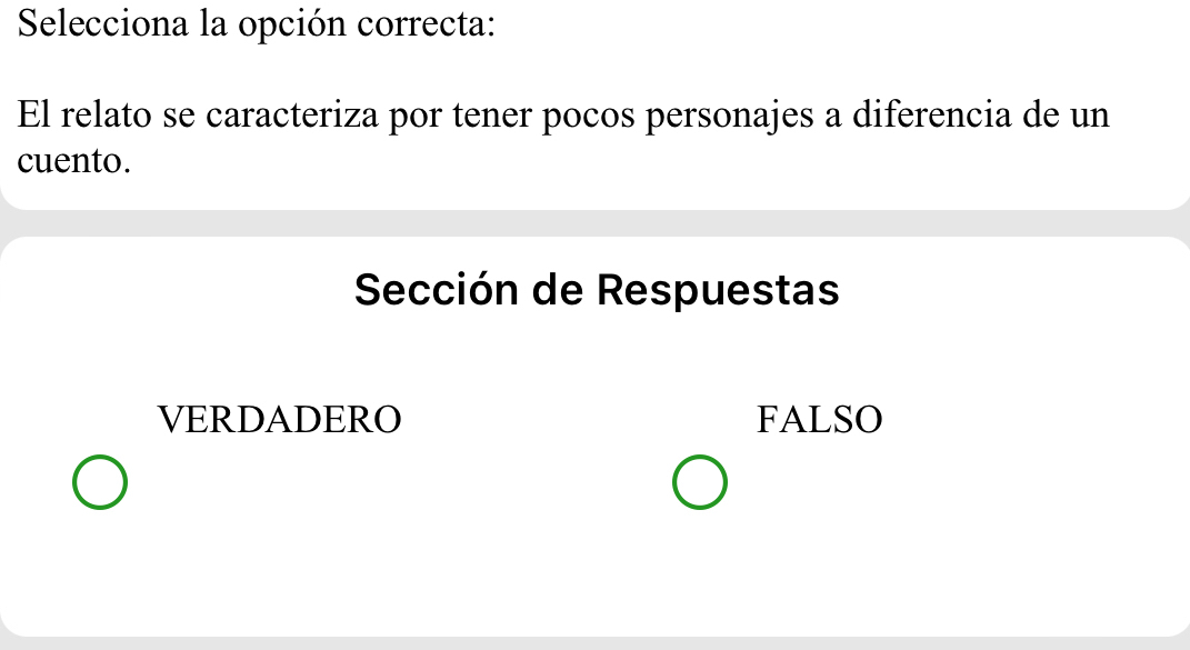 Selecciona la opción correcta:
El relato se caracteriza por tener pocos personajes a diferencia de un
cuento.
Sección de Respuestas
VERDADERO FALSO