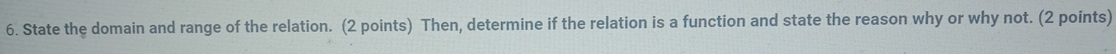 State the domain and range of the relation. (2 points) Then, determine if the relation is a function and state the reason why or why not. (2 points)