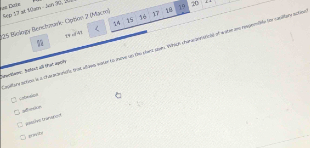 ue Date n- Jun 30, 20.
Sep 17 at 10ar
14 15 16 17 18 19
20
25 Biology Benchmark- Option 2 (Macro)
10 19 of 41
apillary action is a characteristic that allows water to move up the plant stem. Which characteristic(s) of water are responsible for capillary action
Directions: Select all that apply
cohesion
adhesion
passive transport
gravity