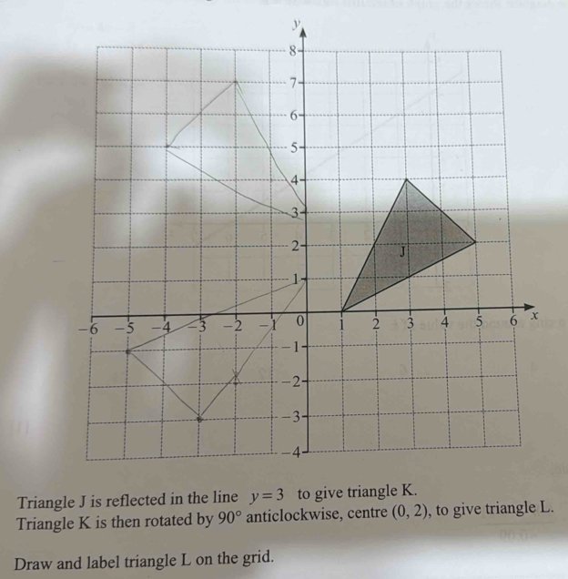 Triangle K is then rotated by 90° anticlockwise, centre (0,2)
Draw and label triangle L on the grid.