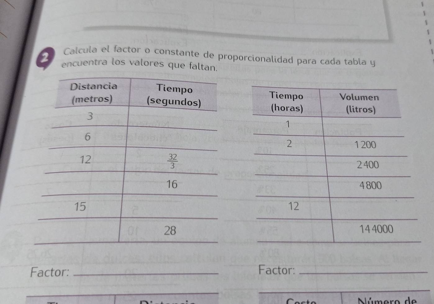 Calcula el factor o constante de proporcionalidad para cada tabla y
2 encuentra los valores que faltan.
Factor: _Factor:_
_
__
_
_
_
Número de