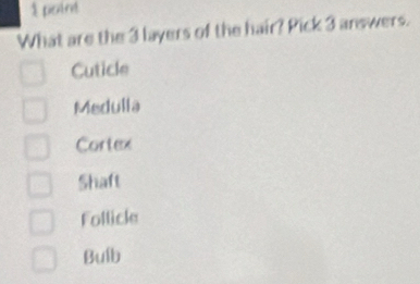 What are the 3 layers of the hair? Pick 3 answers.
Cuticle
Medulla
Cortex
Shaft
Follicle
Buíb