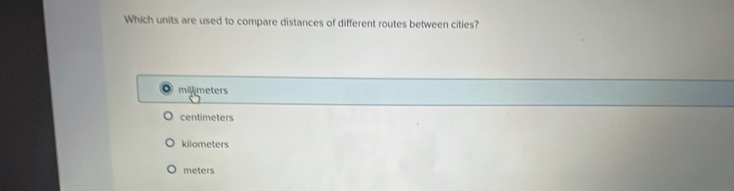 Which units are used to compare distances of different routes between cities?
millimeters
centimeters
kilometers
meters