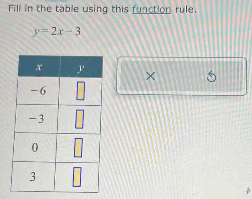 Fill in the table using this function rule.
y=2x-3
×
5