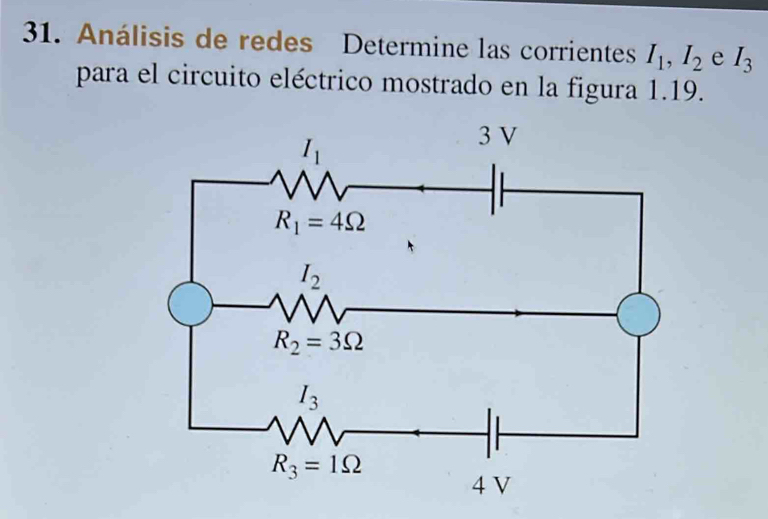 Análisis de redes Determine las corrientes I_1,I_2 e I_3
para el circuito eléctrico mostrado en la figura 1.19.