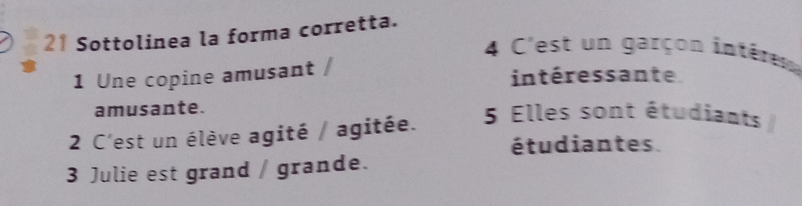 Sottolinea la forma corretta.
4 C'est un garçon intèren
1 Une copine amusant intéressante
amusante. 5 Elles sont étudiants
2 C'est un élève agité / agitée.
étudiantes
3 Julie est grand / grande.