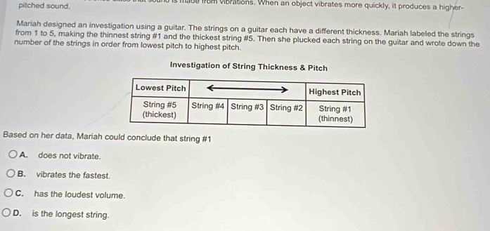 pitched sound. s mate from vibrations. When an object vibrates more quickly, it produces a higher-
Mariah designed an investigation using a guitar. The strings on a guitar each have a different thickness. Mariah labeled the strings
from 1 to 5, making the thinnest string # 1 and the thickest string # 5. Then she plucked each string on the guitar and wrote down the
number of the strings in order from lowest pitch to highest pitch.
Investigation of String Thickness & Pitch
Based on her data, Mariah could conclude that string #1
A. does not vibrate.
B. vibrates the fastest.
C. has the loudest volume.
D. is the longest string.