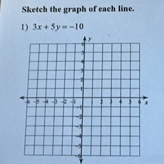 Sketch the graph of each line. 
1) 3x+5y=-10