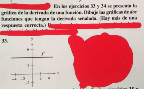 En los ejercicios 33 y 34 se presenta la
gráfica de la derivada de una función. Dibuje las gráficas de dos
funciones que tengan la derivada señalada. (Hay más de una
respuesta correcta.)
33