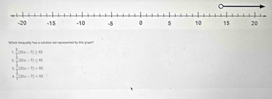 Which inequaility has a solution set represented by this graph?
  2/5 (2kx-7)≥ 82
2  2/8 (21x-7)≤ 82
3  3/2 (21x-7)>82
4  2/7 (21x-7)<82</tex>