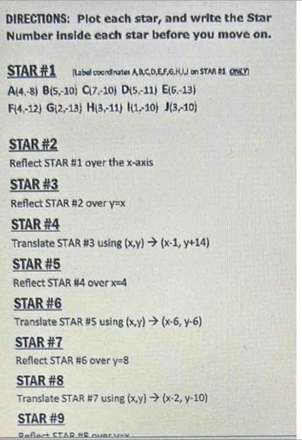 DIRECTIONS: Plot each star, and write the Star 
Number inside each star before you move on. 
STAR #1 [Label coordinates A, B, C, D, E, F, G, H, I.J on STAR #1 ONLY
A(4,-8)B(5,-10) C(7,-10)D(5,-11) E(6,-13)
F(4,-12)G(2,-13) H(3,-11)l(1,-10)J(3,-10)
STAR #2 
Reflect STAR #1 oyer the x-axis 
STAR # 3
Reflect STAR # 2 over y=x
STAR # 4
Translate STAR # 3 using (x,y)to (x-1,y+14)
STAR # 5
Reflect STAR # 4 over x=4
STAR # 6
Translate STAR # 5 using (x,y)to (x-6,y-6)
STAR # 7
Reflect STAR # 6 over y=8
STAR # 8
Translate STAR # 7 using (x,y)to (x-2,y-10)
STAR # 9
Reflert STAR # 8 over v=x