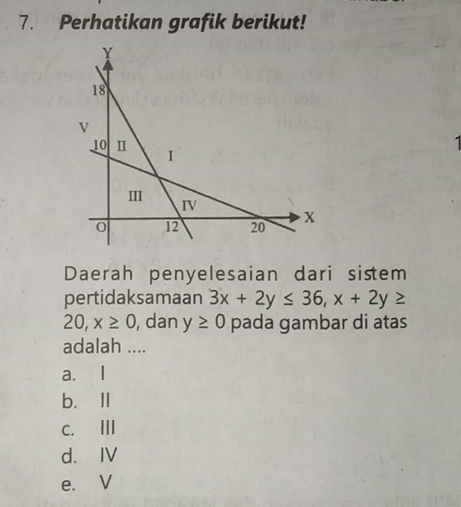 Perhatikan grafik berikut!
1
Daerah penyelesaian dari sistem
pertidaksamaan 3x+2y≤ 36, x+2y≥
20, x≥ 0 , dan y≥ 0 pada gambar di atas
adalah ....
a. I
b. ⅡI
c. III
d. IV
e. V