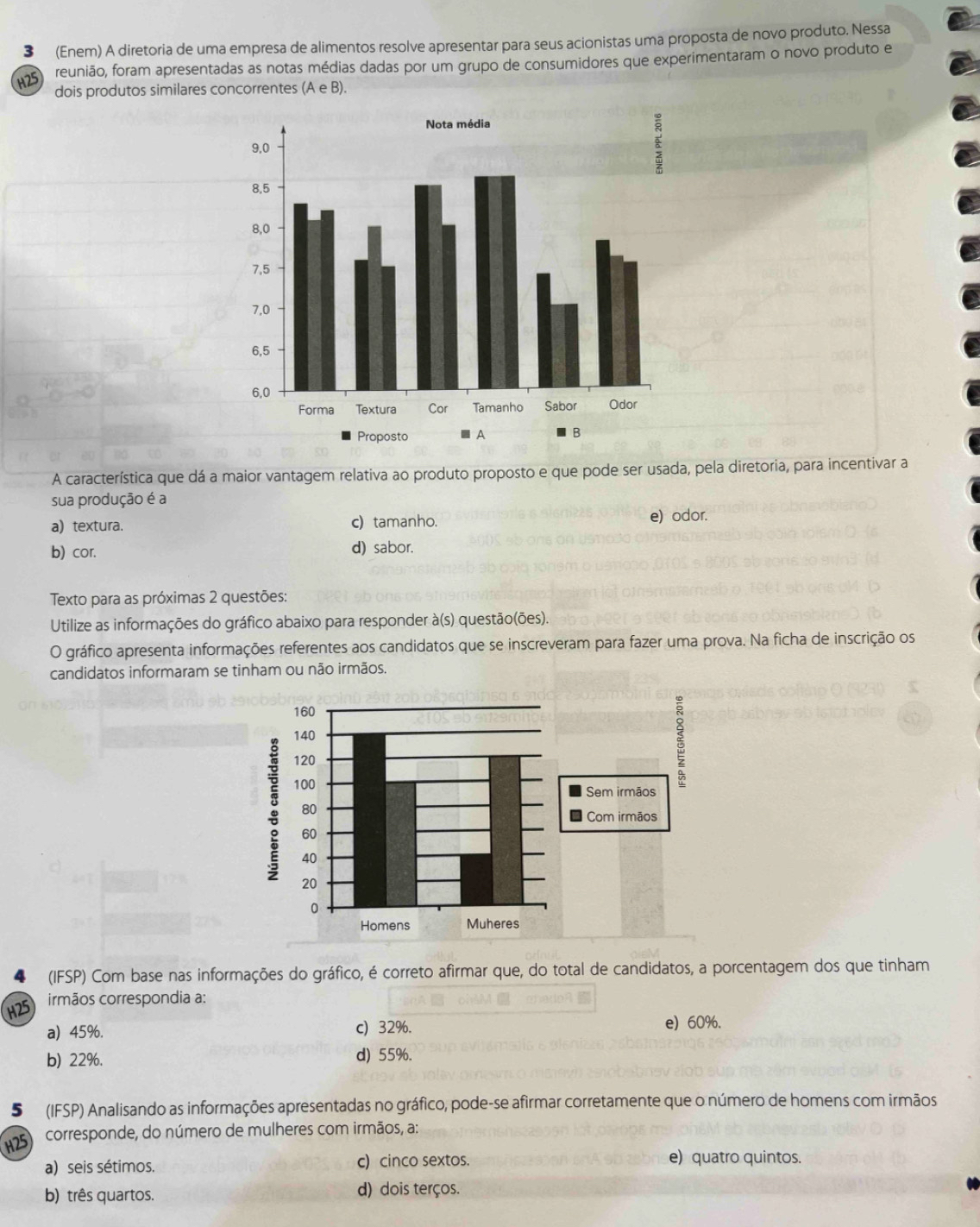 3 (Enem) A diretoria de uma empresa de alimentos resolve apresentar para seus acionistas uma proposta de novo produto. Nessa
m5 reunião, foram apresentadas as notas médias dadas por um grupo de consumidores que experimentaram o novo produto e
dois produtos similares concorrentes (A e B).
A característica que dá a maior vantagem relativa ao produto proposto e que pode ser usada, pela diretoria, para incentivar a
sua produção é a
a) textura. c) tamanho. e) odor.
b) cor. d) sabor.
Texto para as próximas 2 questões:
Utilize as informações do gráfico abaixo para responder à(s) questão(ões).
O gráfico apresenta informações referentes aos candidatos que se inscreveram para fazer uma prova. Na ficha de inscrição os
candidatos informaram se tinham ou não irmãos.
160
140
120
: 100
Sem irmãos
80
Com irmãos
60
40
20
0
Homens Muheres
4 (IFSP) Com base nas informações do gráfico, é correto afirmar que, do total de candidatos, a porcentagem dos que tinham
H25 irmãos correspondia a:
a) 45%. c) 32%. e) 60%.
b) 22%. d) 55%.
5 (IFSP) Analisando as informações apresentadas no gráfico, pode-se afirmar corretamente que o número de homens com irmãos
125) corresponde, do número de mulheres com irmãos, a:
a) seis sétimos. c) cinco sextos.
e) quatro quintos.
b) três quartos. d) dois terços.