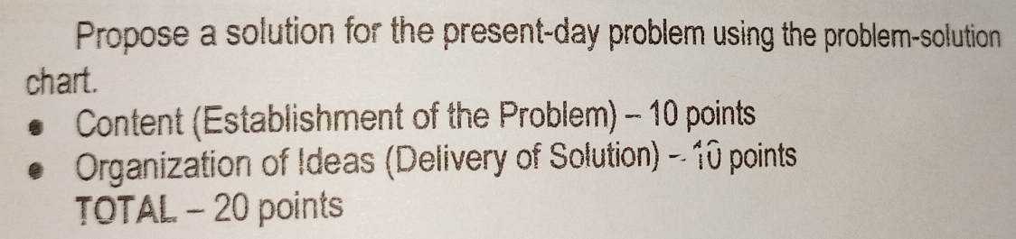 Propose a solution for the present-day problem using the problem-solution 
chart. 
Content (Establishment of the Problem) - 10 points 
Organization of Ideas (Delivery of Solution) - 10 points 
TOTAL - 20 points