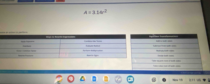 A=3.14r^2
o 

Nov 19 2:11 US