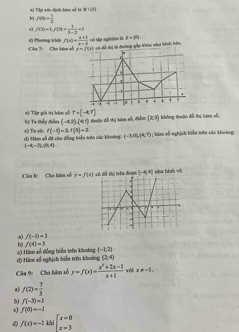 Tập xác định hàm số là R|(2).
b) f(0)= 1/2 
c) f(2)=1,f(3)= 1/3-2 =1
d) Phương trình f(x)= (x+1)/x-2  có tập nghiệm là S= 0 .
Câu 7: Cho hàm số   đồ thị là đường gấp khúc như hình bên.
a) Tập giá trị hàm số T=[-4;7]
b) Ta thấy điểm (-4;2),(4;1) thuộc đồ thị hàm số, điểm (2;3) không thuộc đồ thị hàm số.
c) Ta có: f(-1)=3,f(5)=2.
d) Hàm số đã cho đồng biến trên các khoảng: (-3;0),(4;7); hàm số nghịch biến trên các khoảng:
(-4;-3),(0;4).
Câu 8: Cho hàm số y=f(x) có đồ thị trên đoạn [-4;4] như hình vẽ.
a) f(-1)=3
b) f(4)=3
c) Hàm số đồng biến trên khoảng (-1;2)
d) Hàm số nghịch biến trên khoảng (2;4)
Câu 9: Cho hàm số y=f(x)= (x^2+2x-1)/x+1  với x!= -1.
a) f(2)= 7/3 
b) f(-3)=1
c) f(0)=-1
d) f(x)=-1 khi beginarrayl x=0 x=3endarray.