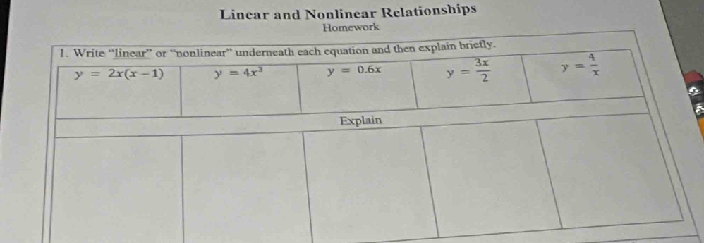 Linear and Nonlinear Relationships
Homework
a