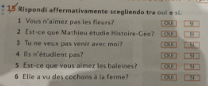 Rispondi affermativamente scegliendo tra oui e si.
1 Vous n'aimez pas les fleurs? oui 9
2 Est-ce que Mathieu étudie Histoire-Géo? 00 Si
3 Tu ne veux pas venir avec moi? oui
4 ils n'étudient pas? Si
5 Est-ce que vous aimez les baleines? 001 Si
6 Elle a vu des cochons à la ferme? oUI SI