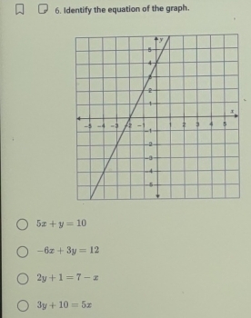 Identify the equation of the graph.
5x+y=10
-6x+3y=12
2y+1=7-x
3y+10=5x