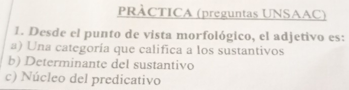 PRÀCTICA (preguntas UNSAAC)
1. Desde el punto de vista morfológico, el adjetivo es:
a) Una categoría que califica a los sustantivos
b) Determinante del sustantivo
c) Núcleo del predicativo