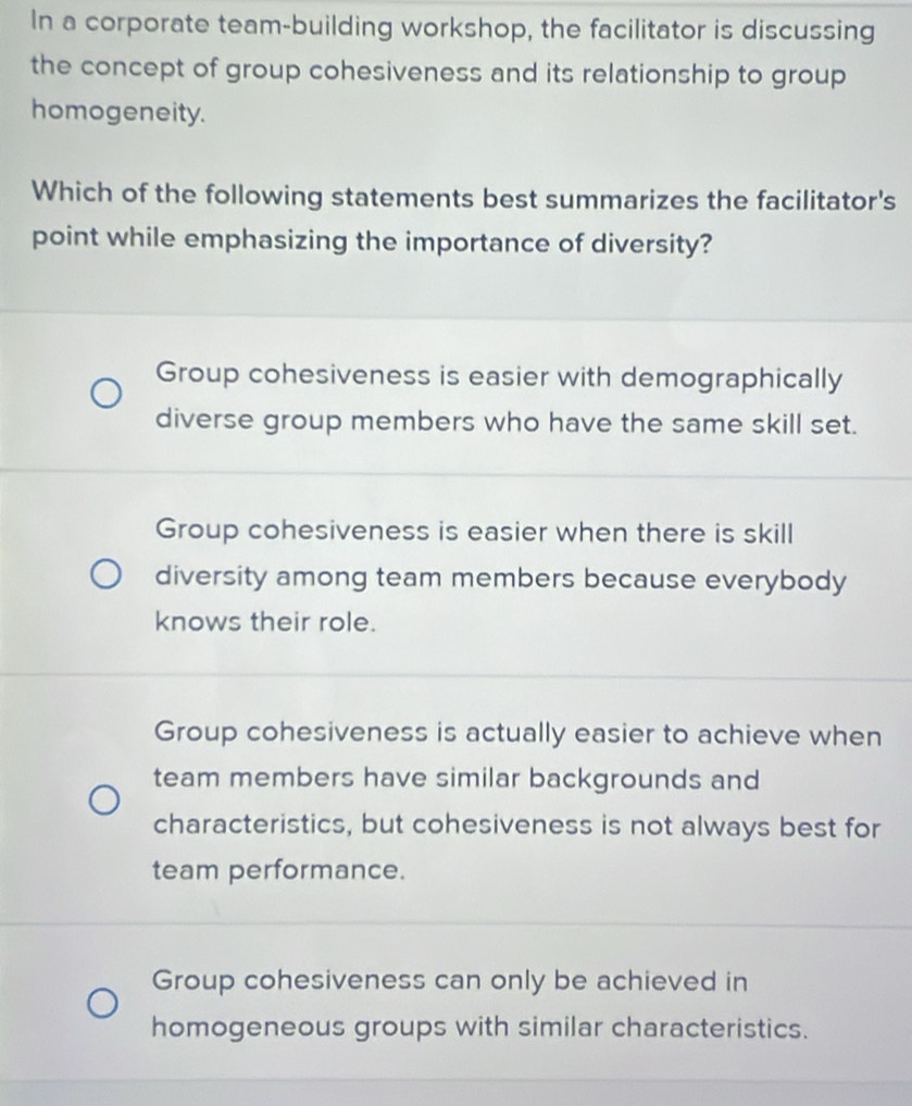 Solved: In a corporate team-building workshop, the facilitator is ...