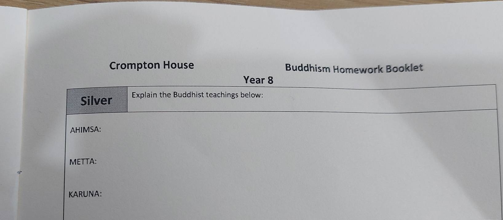 Crompton House Buddhism Homework Booklet