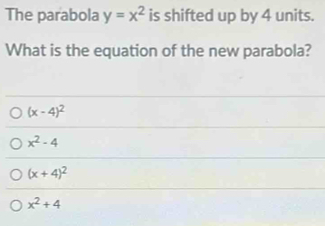 Solved: The parabola y=x^2 is shifted up by 4 units. What is the ...