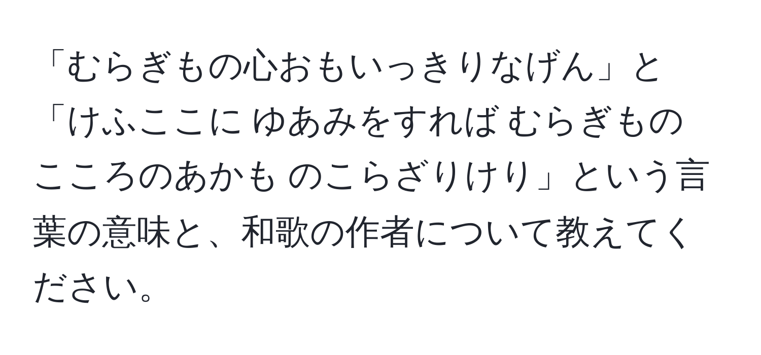 「むらぎもの心おもいっきりなげん」と「けふここに  ゆあみをすれば  むらぎもの　こころのあかも  のこらざりけり」という言葉の意味と、和歌の作者について教えてください。