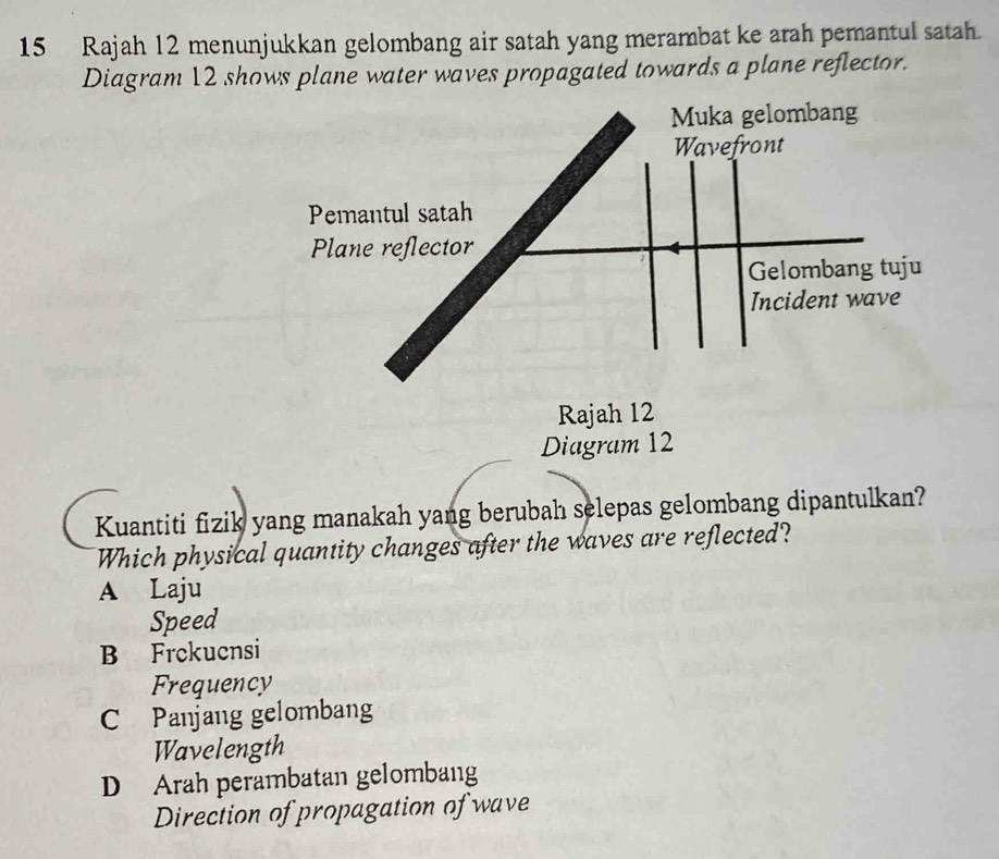 Rajah 12 menunjukkan gelombang air satah yang merambat ke arah pemantul satah.
Diagram 12 shows plane water waves propagated towards a plane reflector.
Muka gelombang
Wavefront
Pemantul satah
Plane reflector
Gelombang tuju
Incident wave
Rajah 12
Diagram 12
Kuantiti fizik yang manakah yang berubah selepas gelombang dipantulkan?
Which physical quantity changes after the waves are reflected?
A Laju
Speed
B Frckucnsi
Frequency
C Panjang gelombang
Wavelength
D Arah perambatan gelombang
Direction of propagation of wave