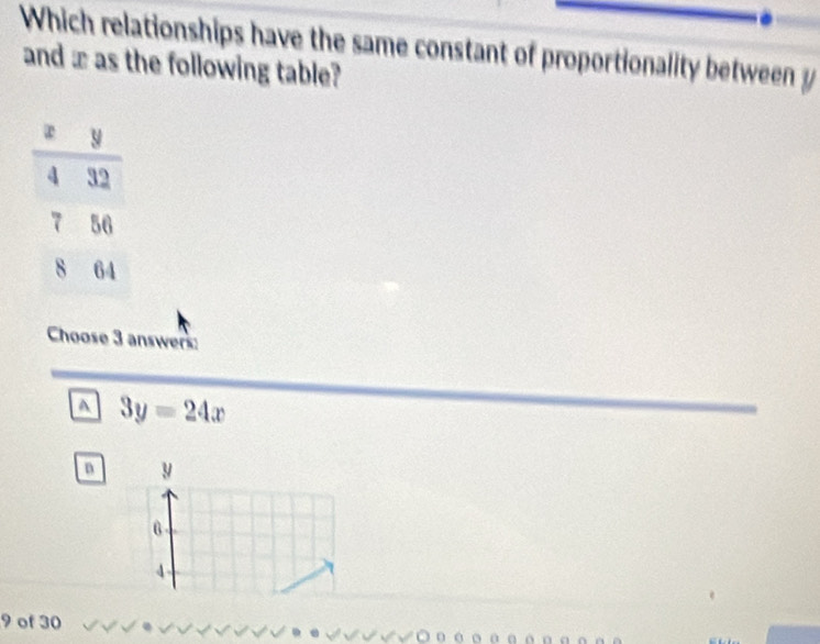 Which relationships have the same constant of proportionality betweeny
and ± as the following table?
Choose 3 answers:
N 3y=24x
n y
4
9 of 30