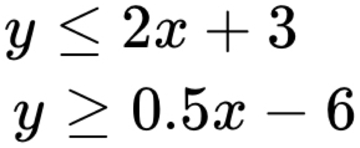 y≤ 2x+3
y≥ 0.5x-6