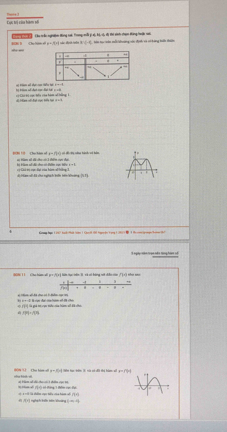 Theme 2
Cực trị của hàm số
Dong thức2 Câu trắc nghiệm đúng sai. Trong mỗi ý a), b), c), d) thí sinh chọn đúng hoặc sai.
BON 9 Cho hàm số y=f(x) xác định trên Rvee  -1 , liên tục trên mỗi khoáng xác định và có bảng biến thiên
nhu sau:
a) Hàm số đạt cực tiểu tại x=-1
b) Hàm số đạt cực đại tại x=0
c) Giá trị cực tiểu của hàm số bằng 1.
d) Hàm số đạt cực tiểu tại x=1.
BON 10 Cho hàm số y=f(x) có đồ thị như hình về bên
à) Hàm số đã cho có 2 điểm cực đại.
b) Hàm số đã cho có điểm cực tiểu x=1.
c) Giá trị cực đại của hàm số bằng 2
d) Hàm số đã cho nghịch biến trên khoảng (1;2)
6 Group học 12K? Xuất Phát Sdms 1 Quyết Đỗ Nguyện Vong 1.2025  1 fb.com/groups/buner2k?
5 ngày năm trọn nền tảng ham số
BON 11 Cho hàm số y=f(x) liên tục trên  và có bảng xét đấu của f'(x) như sau:
a) Hàm số đã cho có 3 điểm cực trị
D x=-2 là cục đại của hàm số đã ch
c) f(1) là giá trị cực tiểu của hàm số đã cho
d) f(0)>f(3).
y=f(x) liên tục trên R và có đồ thị hàm số y=f'(x)
như hình về.
a) Hàm số đã cho có 2 điểm cực trị.
b) Hàm số f(x) có đúng 1 điểm cục đại. 
9 x=0 là điểm cực tiểu của hàm số f(x).
d) f(x) nghịch biến trên khoáng (-∈fty ,-1).