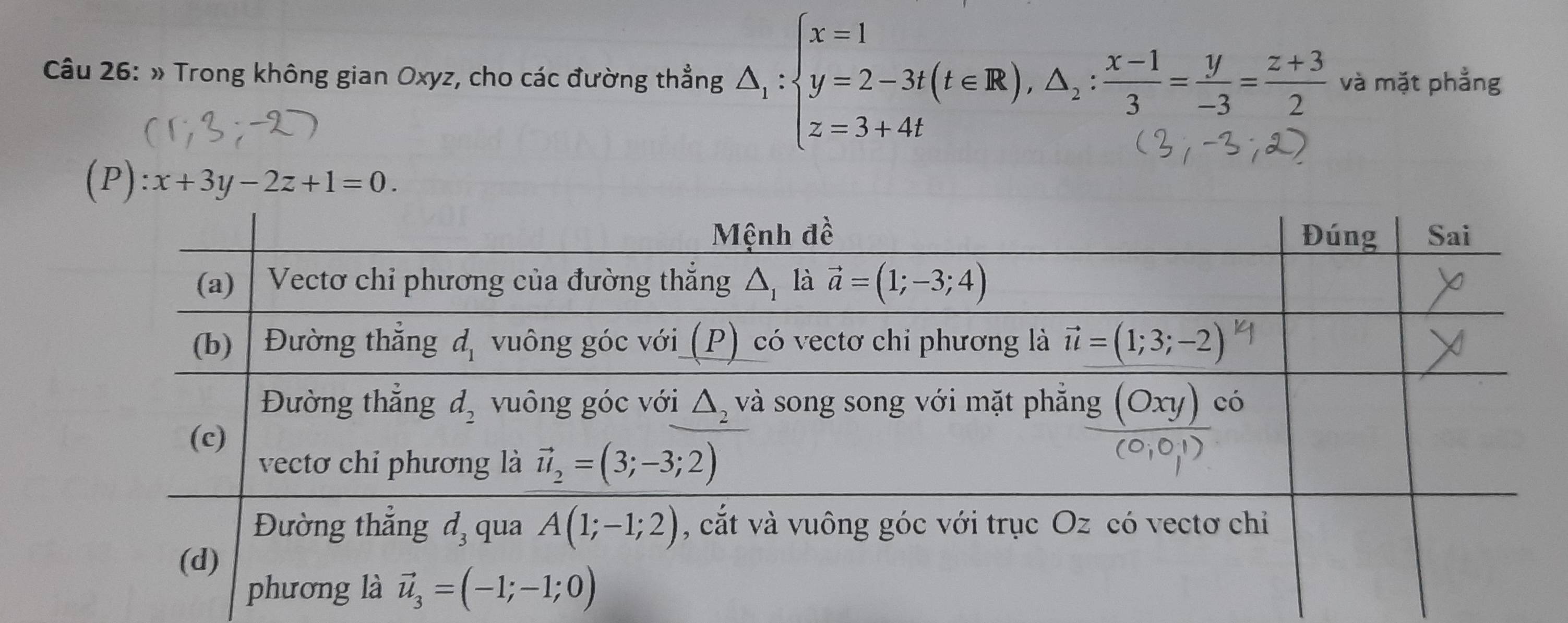 » Trong không gian Oxyz, cho các đường thẳng *       và mặt phẳng
(P):x+3y-2z+1=0.