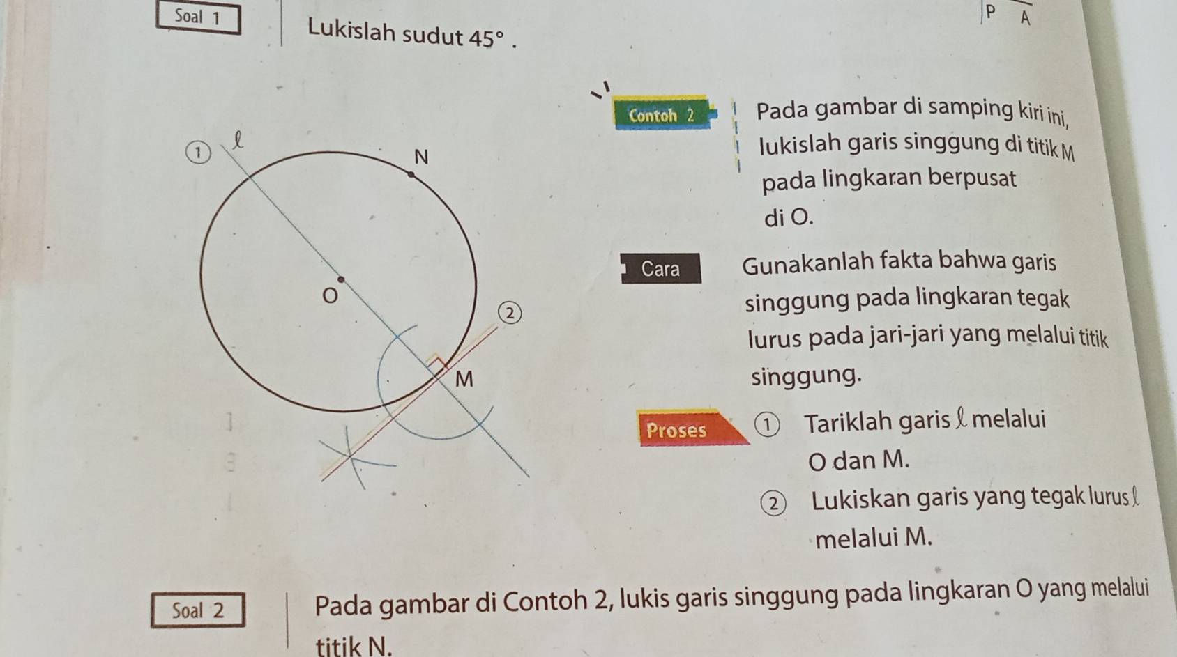 Soal 1 Lukislah sudut 45°. 
Contoh 2 Pada gambar di samping kiri ini, 
lukislah garis singgung di titik M
pada lingkaran berpusat 
di O. 
Cara Gunakanlah fakta bahwa garis 
singgung pada lingkaran tegak 
lurus pada jari-jari yang melalui titik 
singgung. 
Proses ① Tariklah garis £ melalui
O dan M. 
② Lukiskan garis yang tegak lurus 
melalui M. 
Soal 2 Pada gambar di Contoh 2, lukis garis singgung pada lingkaran O yang melalui 
titik N.