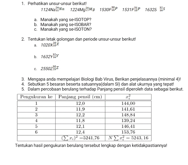 Perhatikan unsur-unsur berikut!
1124Na^(24)_11Na1224Mg^(24)_12Mg 1530F^(30)_15P 1531F_(15)^(31)P 1632Sbeginarrayr 32 16endarray S
a. Manakah yang se-ISOTOP?
b. Manakah yang se-ISOBAR?
c. Manakah yang se-ISOTON?
2. Tentukan letak golongan dan periode unsur-unsur berikut!
a. 1020x_(10)^(20)overline x
b. 1632Y_(16)^(32)Y
c. 25502^(frac 50)25Z
3. Mengapa anda mempelajari Biologi Bab Virus, Berikan penjelasannya (minimal 4)!
4. Sebutkan 5 besaran beserta satuannya(dalam SI) dan alat ukurnya yang tepat!
5. Dalam percobaan berulang terhadap Panjang pensil diperoleh data sebagai berikut.
Tentukan hasil pengukuran berulang tersebut lengkap dengan ketidakpastiannya!