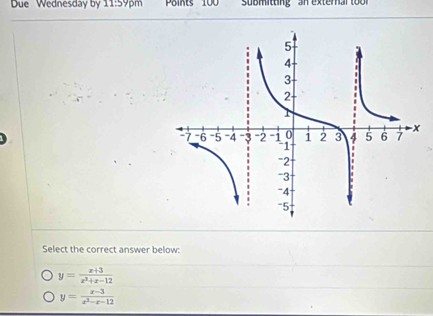 Due Wednesday by 1 1:59 pm Points 100 Submitting an external tool
Select the correct answer below:
y= (x+3)/x^2+x-12 
y= (x-3)/x^2-x-12 