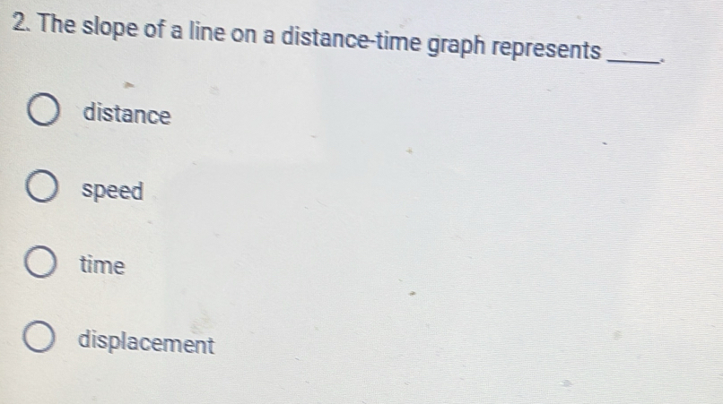 The slope of a line on a distance-time graph represents_
distance
speed
time
displacement