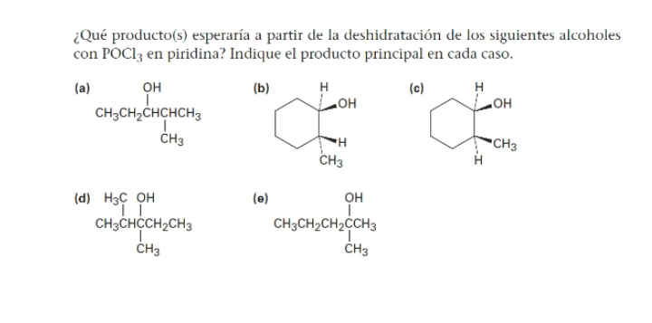 ¿Qué producto(s) esperaría a partir de la deshidratación de los siguientes alcoholes
con POCl_3 en piridina? Indique el producto principal en cada caso.
(a) CH_3CH_2CHCHCH_3 (c) H
OH
CH_3
H
(d) beginarrayr H_3COH CH_3CH_2CH_3 CH_3endarray (e) CH_3CH_2CH_2CH_3COH_3